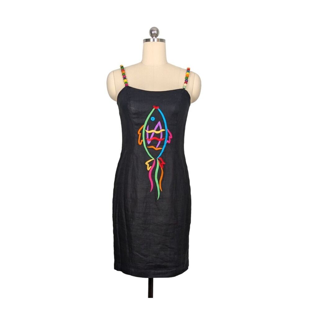 Vintage Fish Dress Linen Colorful Mulicolor Embroidered Beach Tropical Black 6